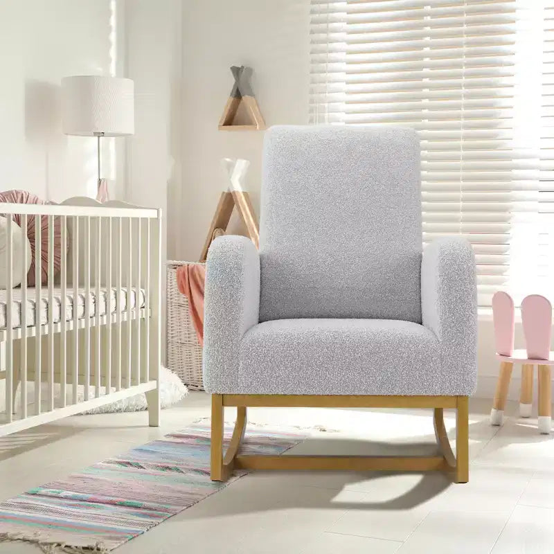 Modern upholstered children's rocking chair, oversized, high back, rubberwood legs, for living room and bedroom use, white