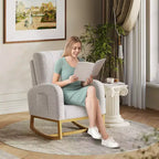 Modern upholstered children's rocking chair, oversized, high back, rubberwood legs, for living room and bedroom use, white
