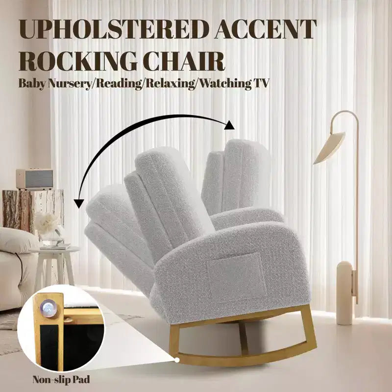 Modern upholstered children's rocking chair, oversized, high back, rubberwood legs, for living room and bedroom use, white