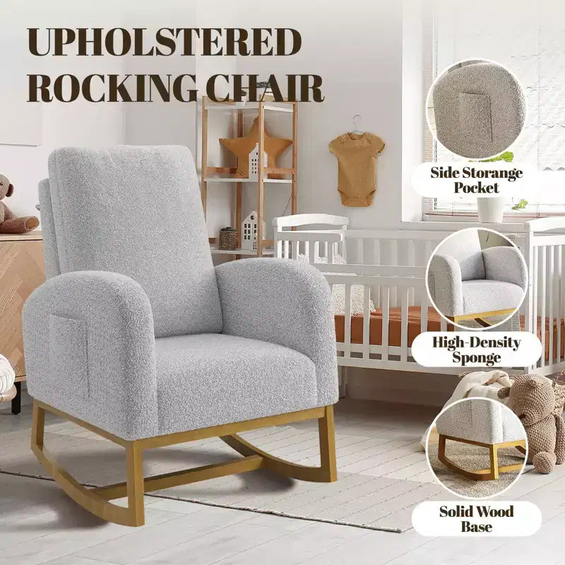 Modern upholstered children's rocking chair, oversized, high back, rubberwood legs, for living room and bedroom use, white