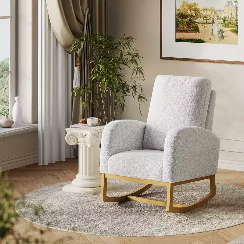 Modern upholstered children's rocking chair, oversized, high back, rubberwood legs, for living room and bedroom use, white