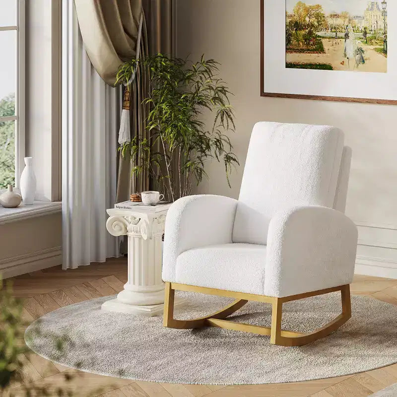 Modern upholstered children's rocking chair, oversized, high back, rubberwood legs, for living room and bedroom use, white