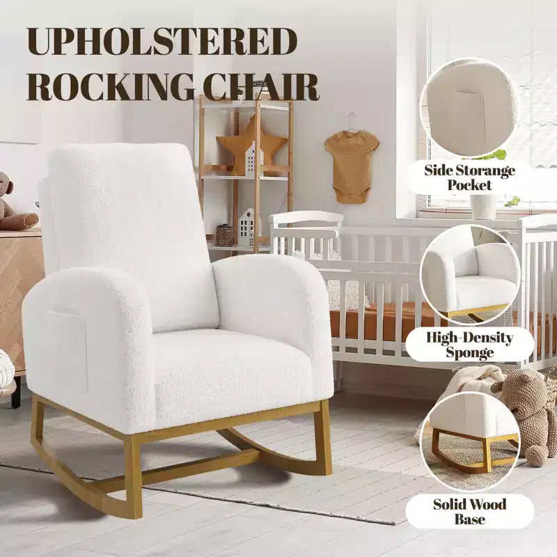 Modern upholstered children's rocking chair, oversized, high back, rubberwood legs, for living room and bedroom use, white