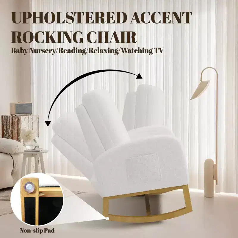 Modern upholstered children's rocking chair, oversized, high back, rubberwood legs, for living room and bedroom use, white