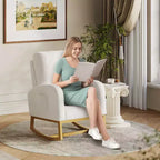 Modern upholstered children's rocking chair, oversized, high back, rubberwood legs, for living room and bedroom use, white