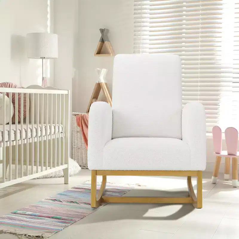 Modern upholstered children's rocking chair, oversized, high back, rubberwood legs, for living room and bedroom use, white