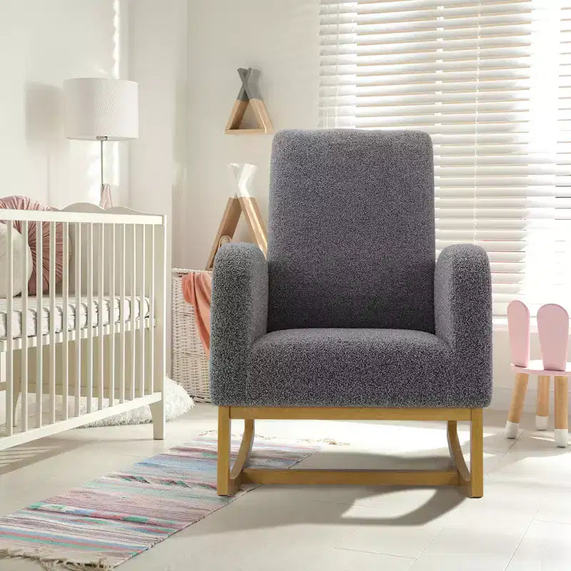 Modern upholstered children's rocking chair, oversized, high back, rubberwood legs, for living room and bedroom use, white