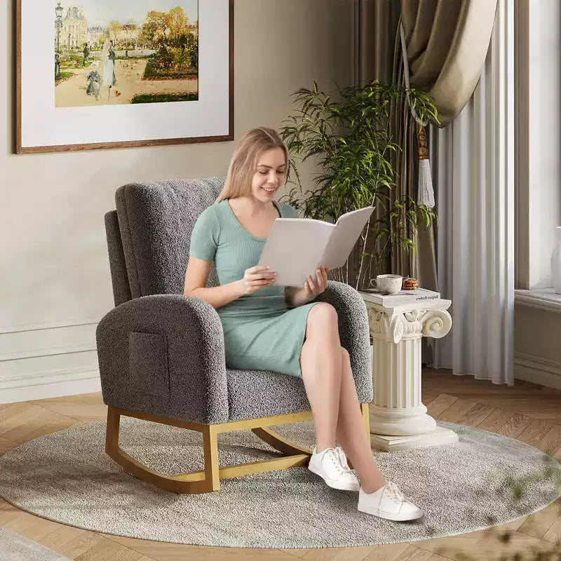 Modern upholstered children's rocking chair, oversized, high back, rubberwood legs, for living room and bedroom use, white