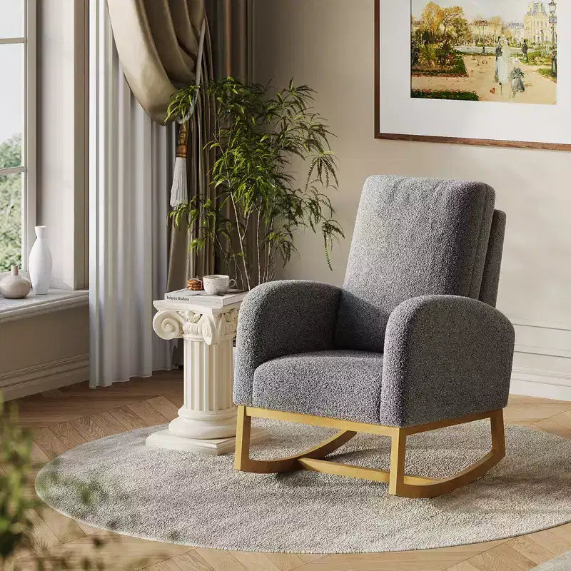 Modern upholstered children's rocking chair, oversized, high back, rubberwood legs, for living room and bedroom use, white