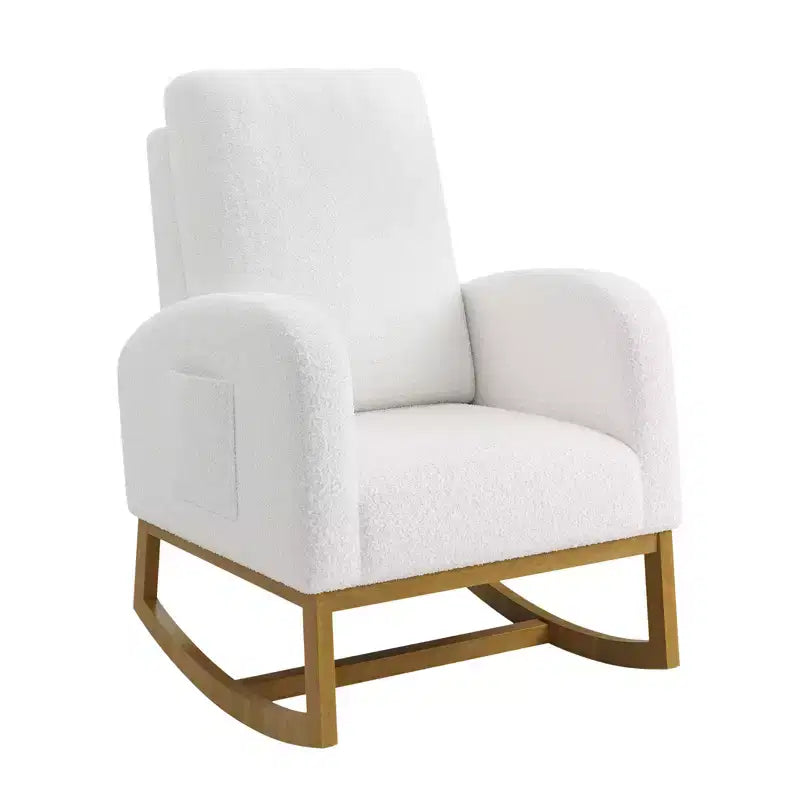 Modern upholstered children's rocking chair, oversized, high back, rubberwood legs, for living room and bedroom use, white
