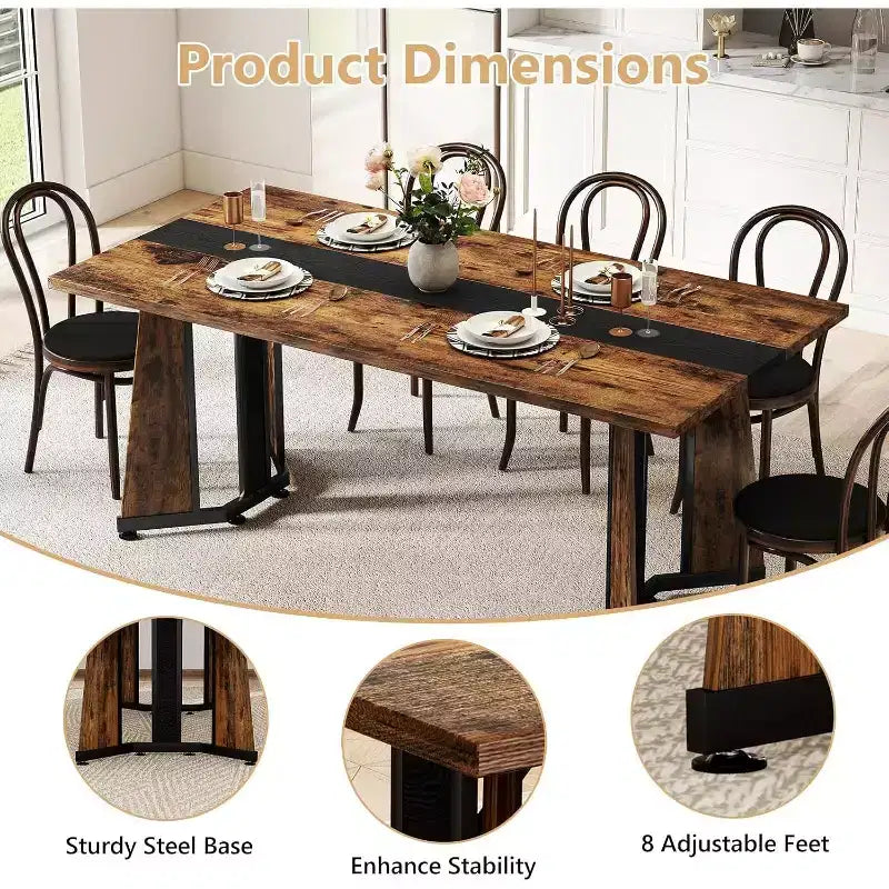 70.9 Large Dining Table for 8, Wood Dining with Spacious Tabletop & V-Shaped Steel Base, 8 Adjustable Legs for Kitchen, Office-Rustic Brown