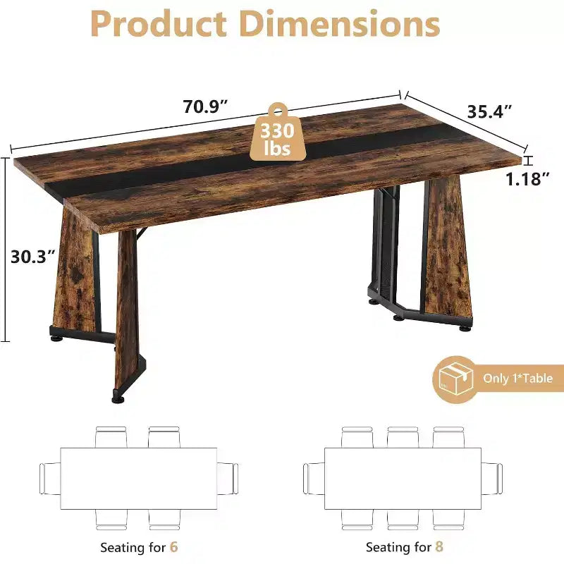 70.9 Large Dining Table for 8, Wood Dining with Spacious Tabletop & V-Shaped Steel Base, 8 Adjustable Legs for Kitchen, Office-Rustic Brown