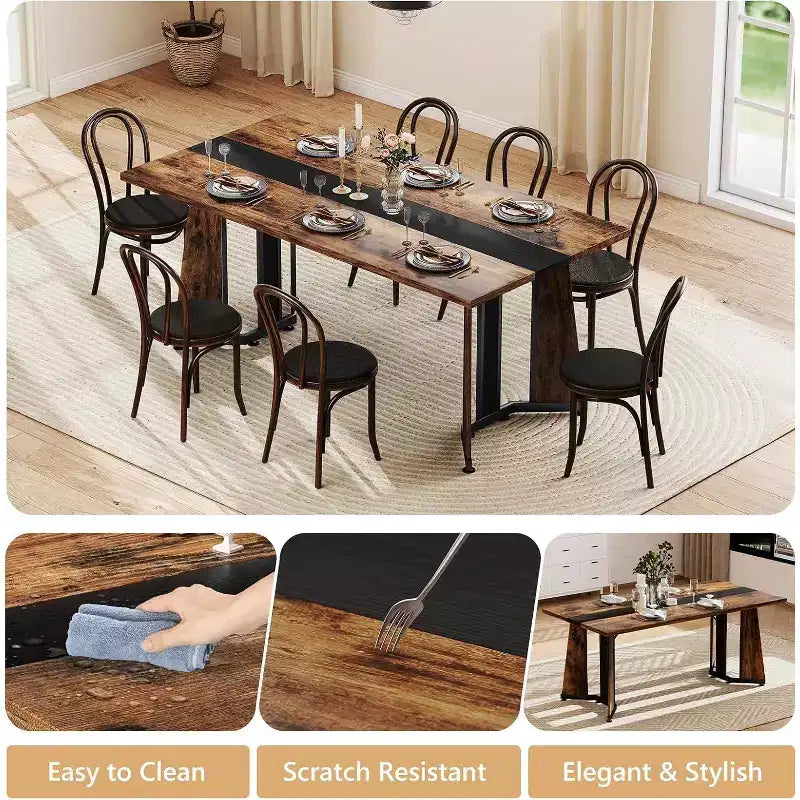 70.9 Large Dining Table for 8, Wood Dining with Spacious Tabletop & V-Shaped Steel Base, 8 Adjustable Legs for Kitchen, Office-Rustic Brown