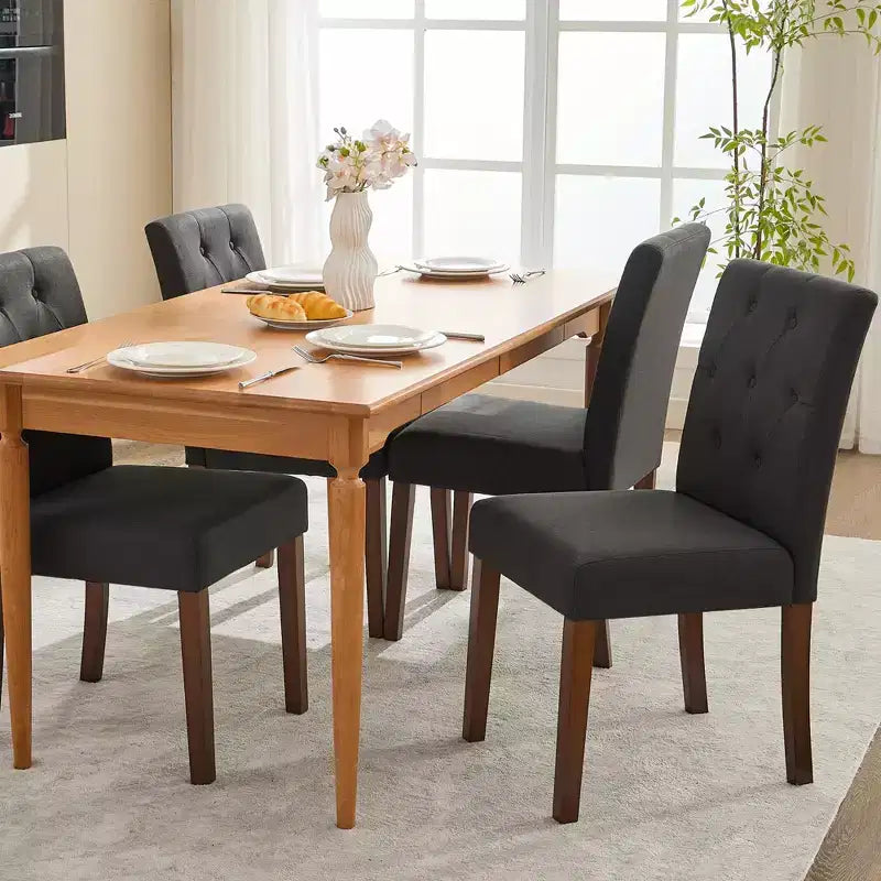 2 PCS Button Tufted Dining Chairs with Wood Legs & Padded Seats, Upholstered Fabric for Living Room Kitchen Furniture
