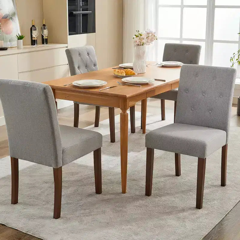 2 PCS Button Tufted Dining Chairs with Wood Legs & Padded Seats, Upholstered Fabric for Living Room Kitchen Furniture