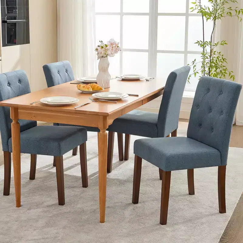 2 PCS Button Tufted Dining Chairs with Wood Legs & Padded Seats, Upholstered Fabric for Living Room Kitchen Furniture