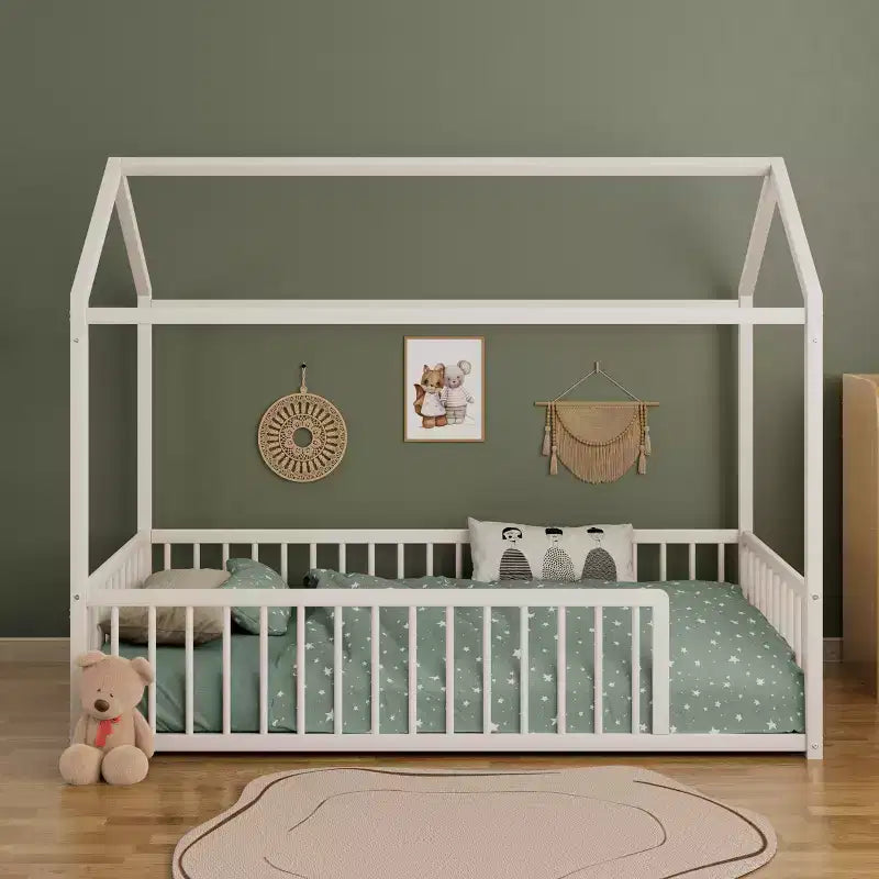 Twin/Full Size Montessori Metal Floor Bed Frame, House Shaped Bed with Safety Fence for Kids & Toddlers