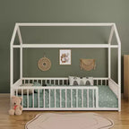Twin/Full Size Montessori Metal Floor Bed Frame, House Shaped Bed with Safety Fence for Kids & Toddlers