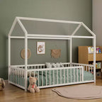 Twin/Full Size Montessori Metal Floor Bed Frame, House Shaped Bed with Safety Fence for Kids & Toddlers