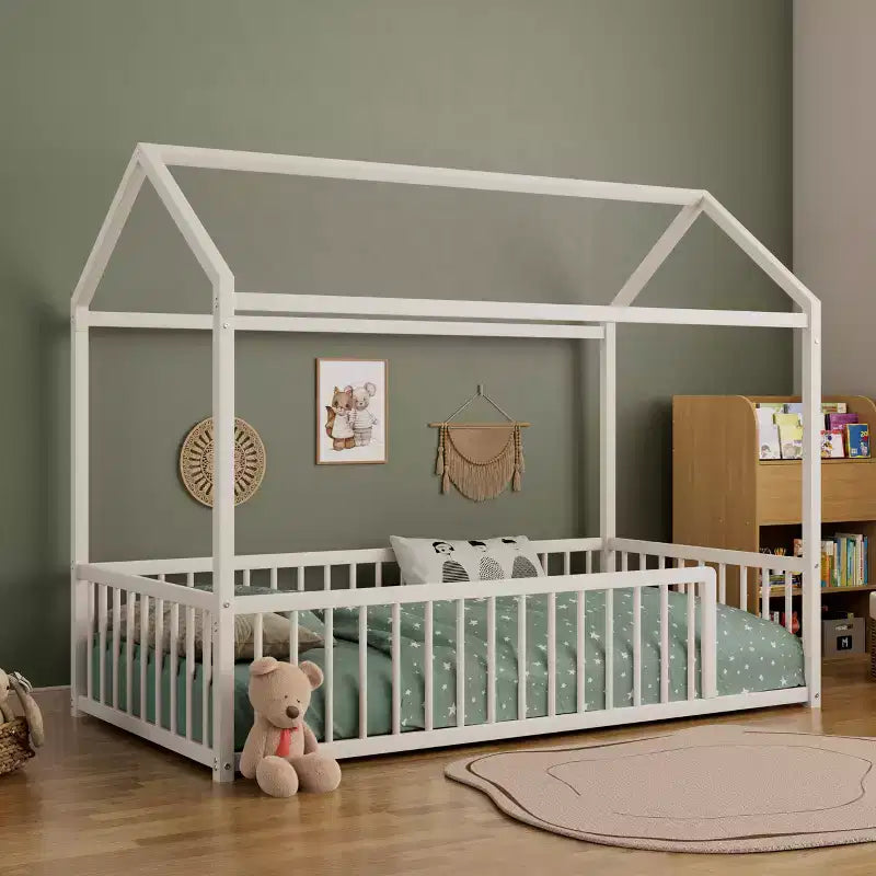 Twin/Full Size Montessori Metal Floor Bed Frame, House Shaped Bed with Safety Fence for Kids & Toddlers