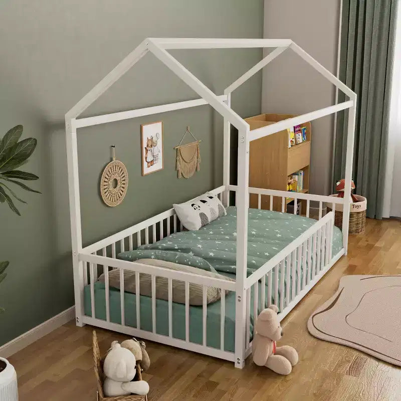Twin/Full Size Montessori Metal Floor Bed Frame, House Shaped Bed with Safety Fence for Kids & Toddlers