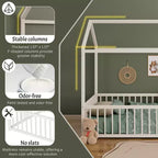 Twin/Full Size Montessori Metal Floor Bed Frame, House Shaped Bed with Safety Fence for Kids & Toddlers
