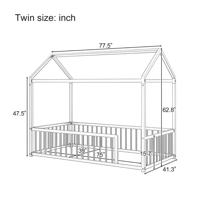 Twin/Full Size Montessori Metal Floor Bed Frame, House Shaped Bed with Safety Fence for Kids & Toddlers