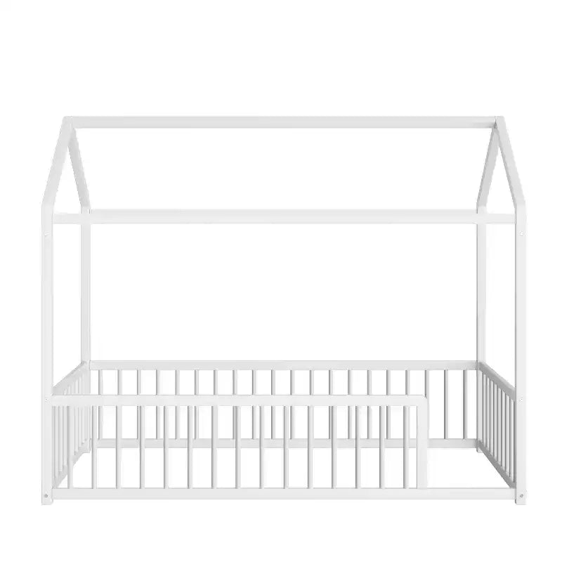 Twin/Full Size Montessori Metal Floor Bed Frame, House Shaped Bed with Safety Fence for Kids & Toddlers
