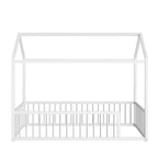 Twin/Full Size Montessori Metal Floor Bed Frame, House Shaped Bed with Safety Fence for Kids & Toddlers