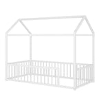 Twin/Full Size Montessori Metal Floor Bed Frame, House Shaped Bed with Safety Fence for Kids & Toddlers