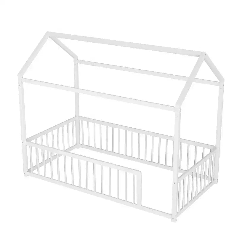 Twin/Full Size Montessori Metal Floor Bed Frame, House Shaped Bed with Safety Fence for Kids & Toddlers