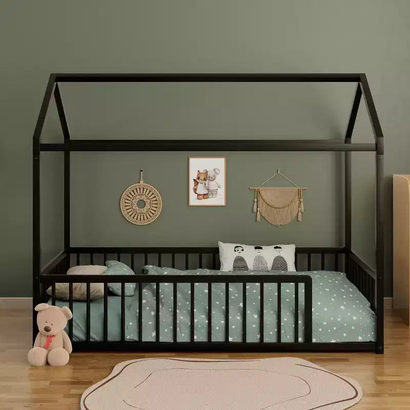 Twin/Full Size Montessori Metal Floor Bed Frame, House Shaped Bed with Safety Fence for Kids & Toddlers