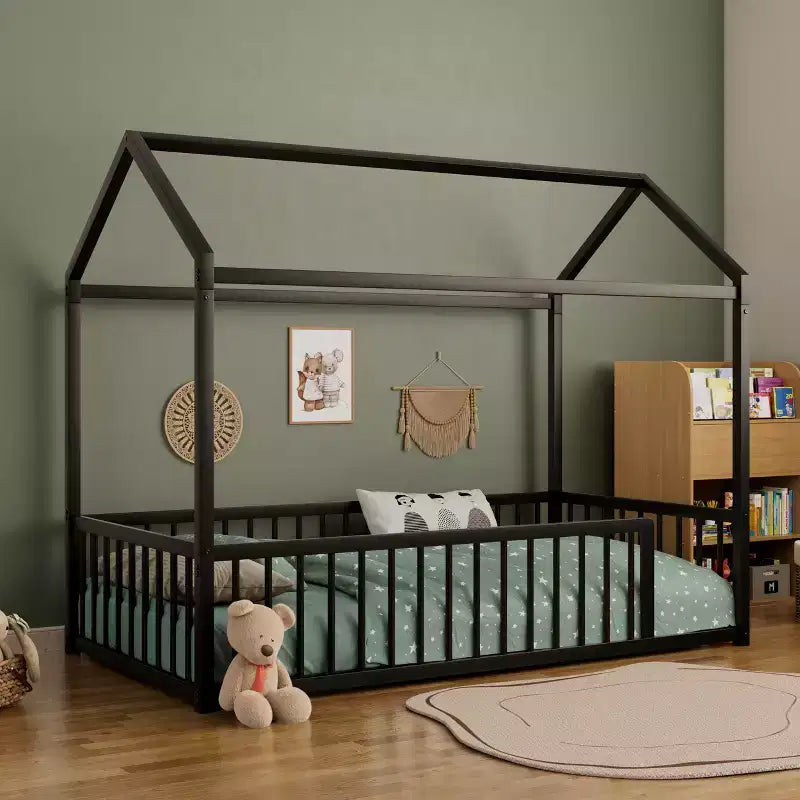 Twin/Full Size Montessori Metal Floor Bed Frame, House Shaped Bed with Safety Fence for Kids & Toddlers