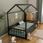 Twin/Full Size Montessori Metal Floor Bed Frame, House Shaped Bed with Safety Fence for Kids & Toddlers