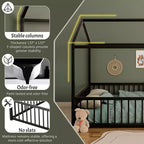 Twin/Full Size Montessori Metal Floor Bed Frame, House Shaped Bed with Safety Fence for Kids & Toddlers