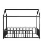 Twin/Full Size Montessori Metal Floor Bed Frame, House Shaped Bed with Safety Fence for Kids & Toddlers