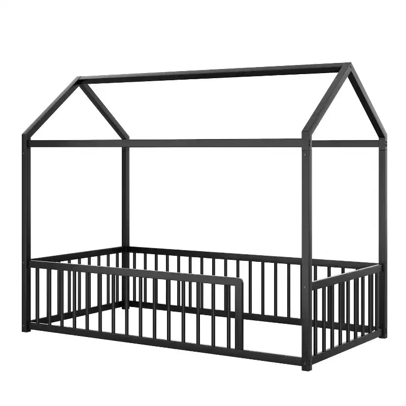 Twin/Full Size Montessori Metal Floor Bed Frame, House Shaped Bed with Safety Fence for Kids & Toddlers