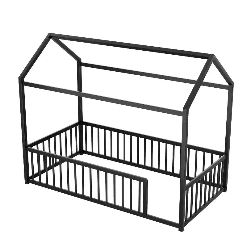 Twin/Full Size Montessori Metal Floor Bed Frame, House Shaped Bed with Safety Fence for Kids & Toddlers