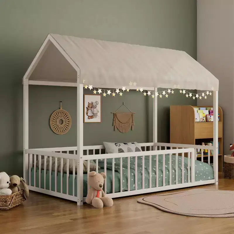 Twin/Full Size Montessori Metal Floor Bed Frame, House Shaped Bed with Safety Fence for Kids & Toddlers