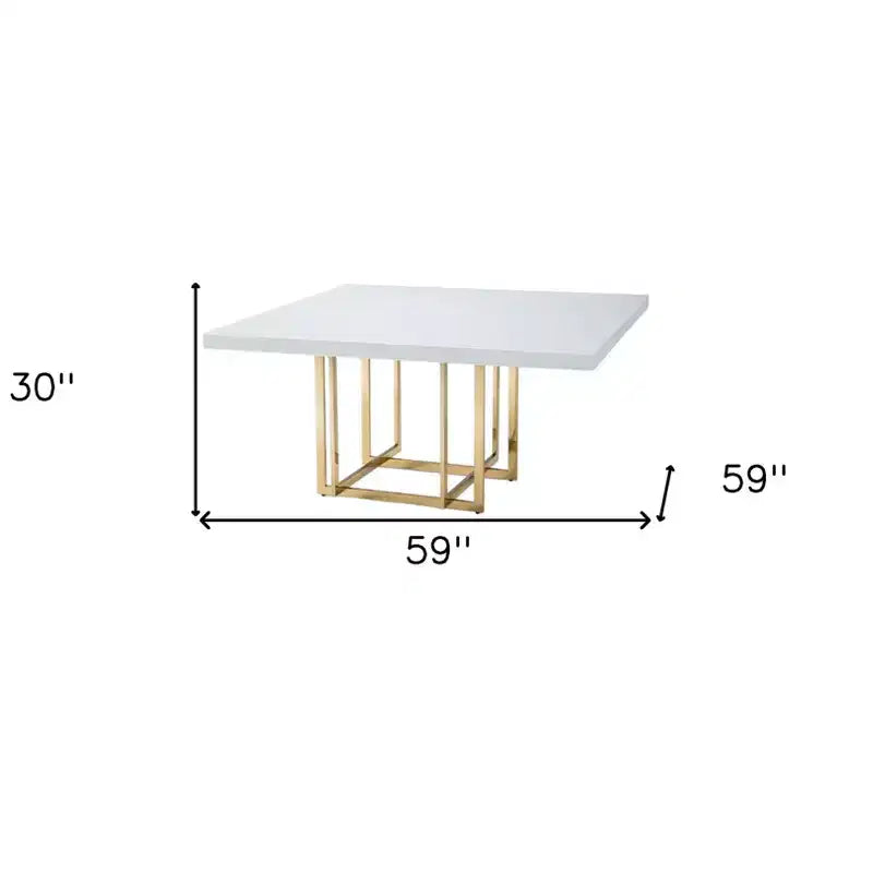 59 White and Gold Wood and Metal Pedestal Base Square Dining Table
