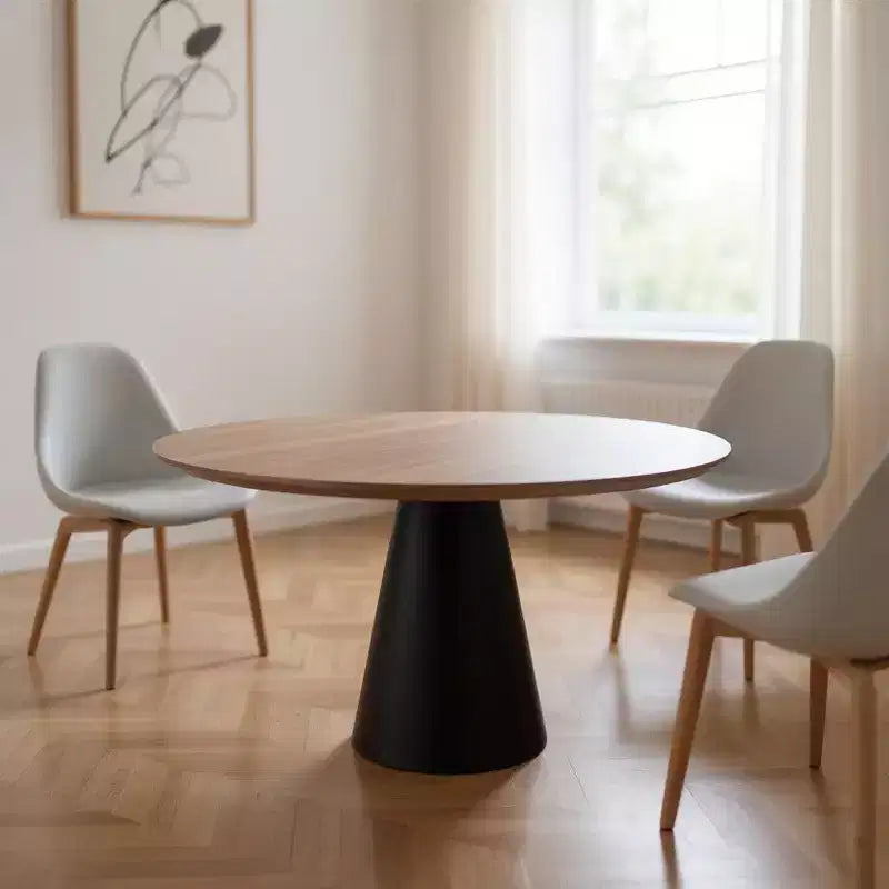 48 Brown and Black Wood and Metal Pedestal Base Round Top Dining Table