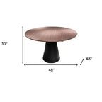 48 Brown and Black Wood and Metal Pedestal Base Round Top Dining Table