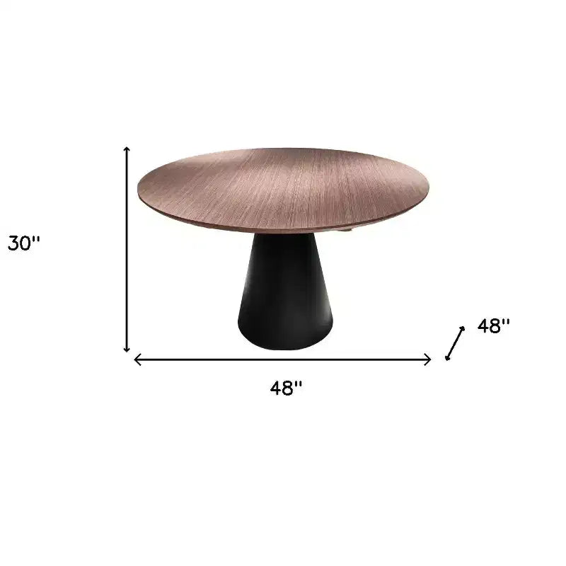 48 Brown and Black Wood and Metal Pedestal Base Round Top Dining Table