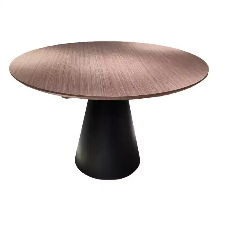 48 Brown and Black Wood and Metal Pedestal Base Round Top Dining Table