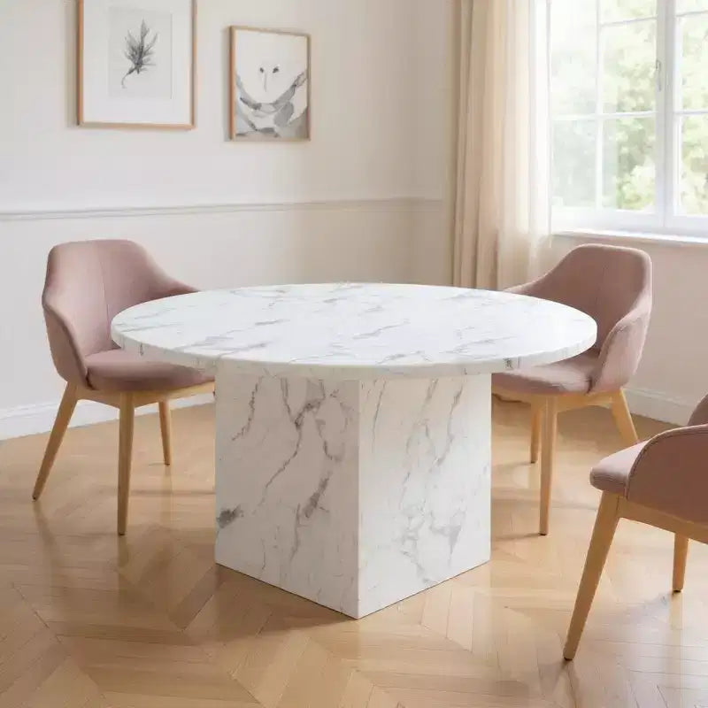 60 Gray and White Marble Pedestal Base Round Dining Table