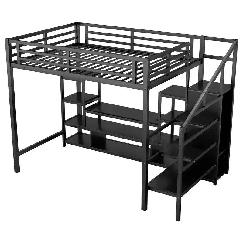 Full Size Metal Loft Bed with TV Cabinet