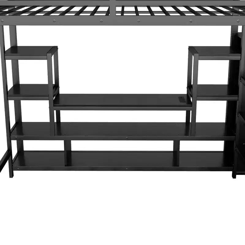 Full Size Metal Loft Bed with TV Cabinet
