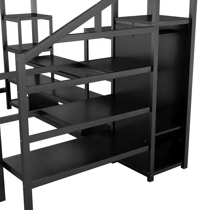 Full Size Metal Loft Bed with TV Cabinet