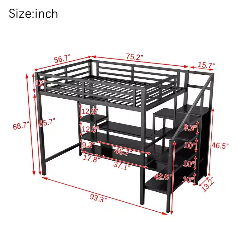 Full Size Metal Loft Bed with TV Cabinet