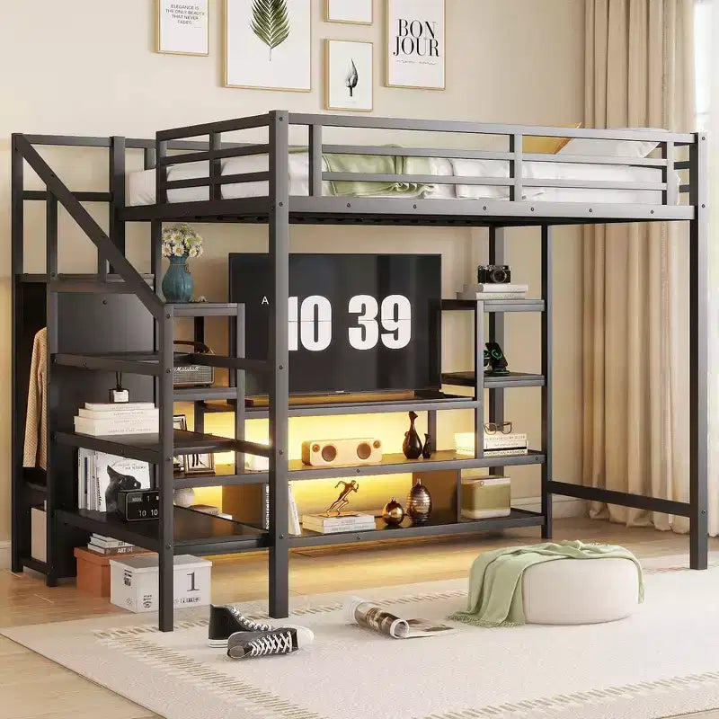 Full Size Metal Loft Bed with TV Cabinet